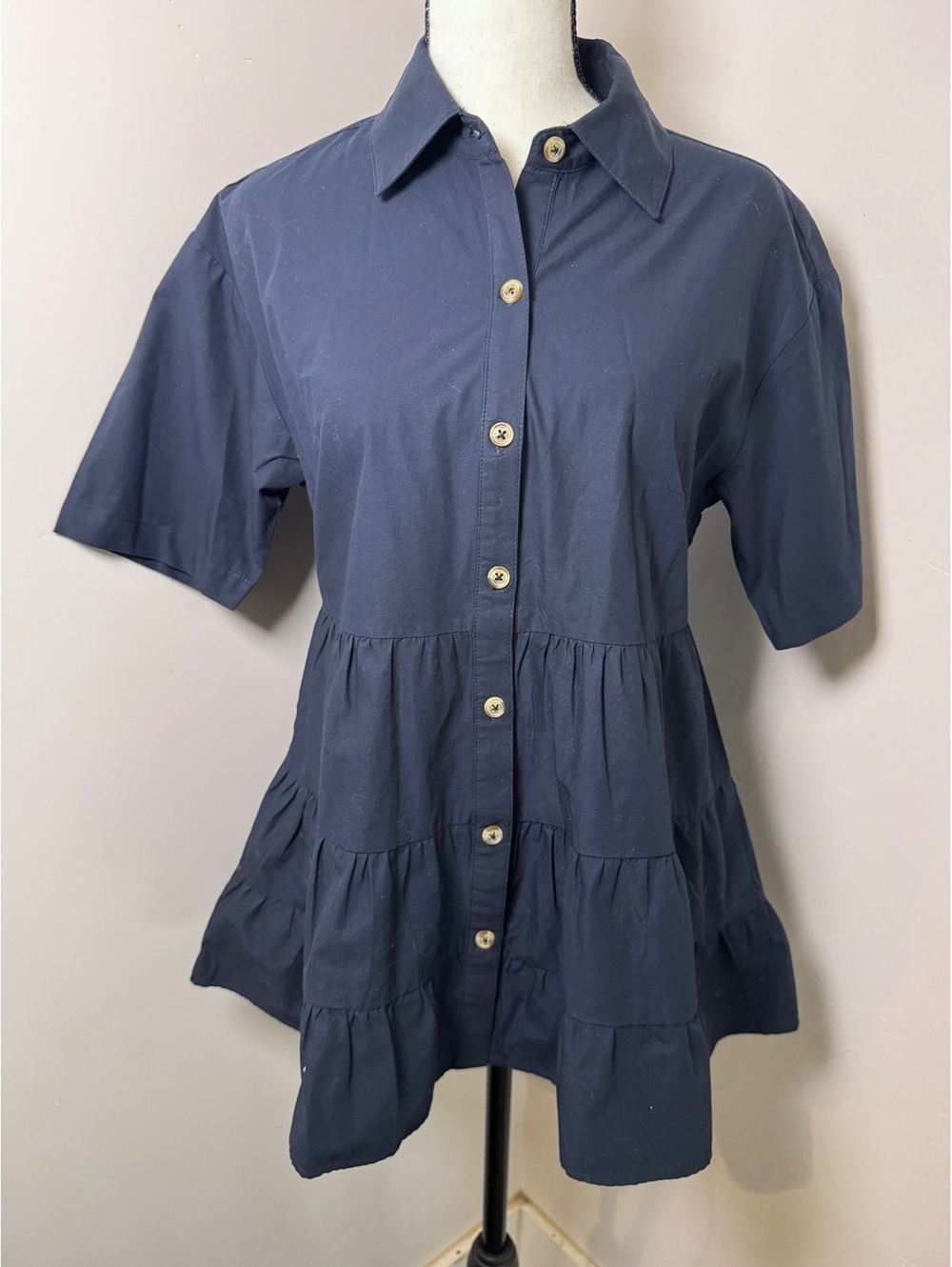 Porridge Anthropologie Women’s XS Navy Blue Tiered Button Front Shirt Tunic
